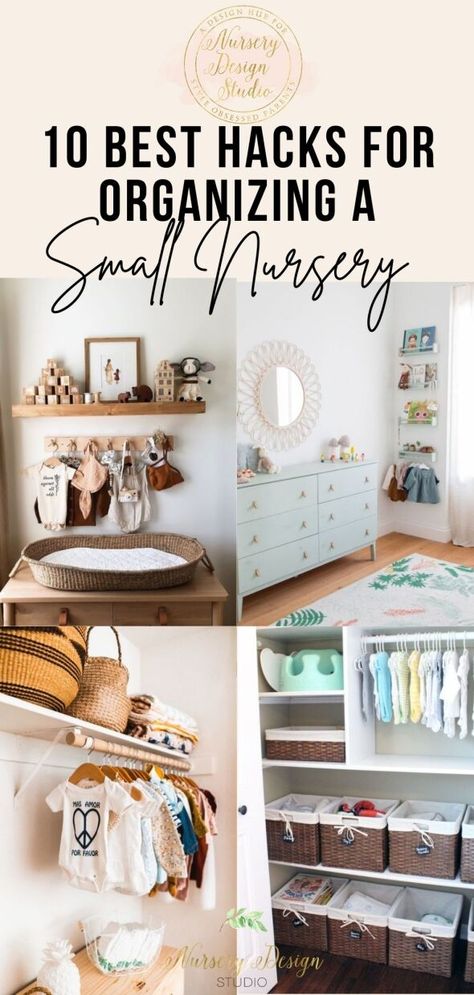 10-BEST-HACKS-FOR-ORGANIZING-A-SMALL-NURSERY Small Nursery Hacks, Small Nursery Layout, Small Nursery Organization, Nursery Guest Room Combo, Nursery Drawer Organization, Ikea Nursery Hack, Toddler Room Organization, Nursery Set Up, Nursery Dresser Organization