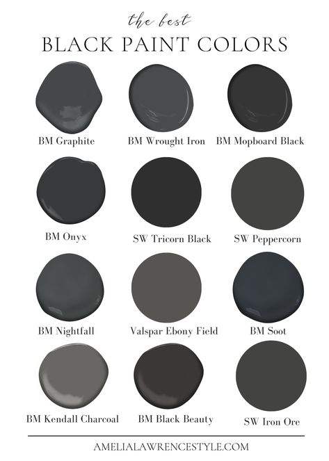 Best Black Paint Colors for Interior & Exterior Black Paint Colors, Charcoal Grey Paint, Benjamin Moore Wrought Iron, Kendall Charcoal, Charcoal Paint, Black Paint Color, Dark Paint Colors, Black Barn, Salon Suites