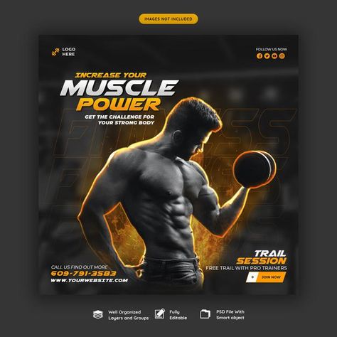 Gym Instruments, Pamplet Design, Gym Graphics, Supplement Design, Fitness Social Media, Gym Banner, Meta Ads, Gym Poster, Workout Posters