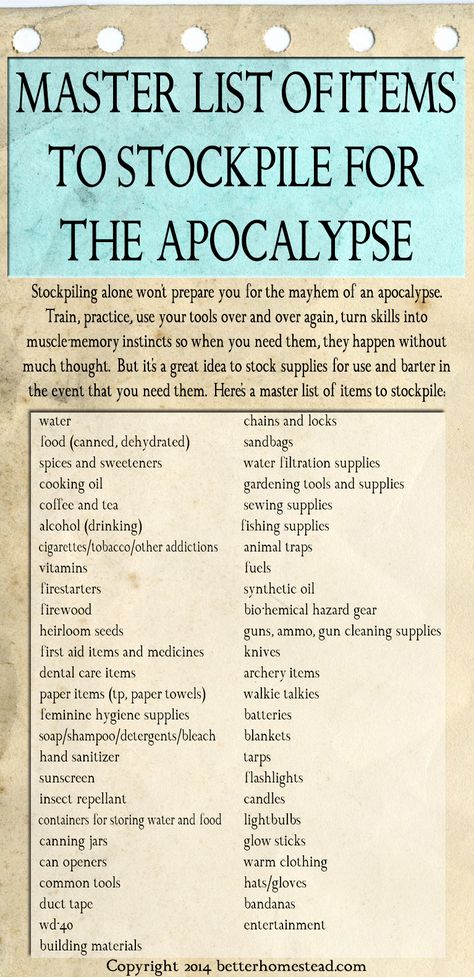 Master List of Items to Stockpile for the Apocalypse - from http://betterhomestead.com/ Food Survival Prep, Zombie Apocalypse Food Storage, Heat Sources Emergency, Survival Must Haves, Surviving Zombie Apocalypse, End Of The World Prepping, Zombie Apocalypse Supplies, Zombie Apocalypse Items, Apocalypse Checklist