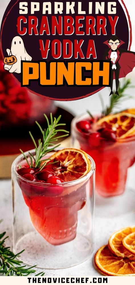 This super easy Cranberry Halloween Punch recipe is made with cranberry juice, vodka, grape juice, and fizzy soda water to create a spooky, sparkling, blood-red batched cocktail! You can also prep this punch ahead, making it perfect for a Halloween party. Vodka Fall Punch, Alcohol Punches For A Party, Punch With Vodka Recipes, Punch Alcoholic Party, Sparkling Cranberry Vodka Punch, Halloween Drinks Alcohol Vodka, Red Cocktail Drinks Vodka, Halloween Punch With Vodka, Holiday Vodka Punch