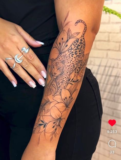 Lion Feminine Tattoo, Female Jaguar Tattoo, Women Leopard Tattoo, Flowers And Leopard Print Tattoo, Flower Tattoo Designs Cover Up, Tattoo Ideas Female Big Arm, Both Legs Tattoos For Women, Cheetah Sleeve Tattoos For Women, Jordan Lipscombe Tattoo