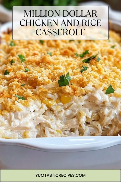 Need a new go-to recipe? This million-dollar chicken and rice casserole is packed with flavor, incredibly creamy, and full of cheese! With simple ingredients and easy steps, you’ll have a meal that’s as tasty as it is comforting. Make your next dinner a hit with this irresistible dish—find the full recipe here!

#ComfortFoodRecipes #CheesyDinners #QuickMeals #ChickenRecipes #DinnerTonight Chicken Ranch Rice Casserole, Chicken And Rice Casserole With Ritz, Casserole Dish Meals, Million Dollar Chicken And Rice Casserole, Chicken Casserole Recipes With Rice, Quick Dinner Casserole Recipes, Dinners With Rice Healthy, Chicken Bullion Rice, Cheap Chicken And Rice Recipes