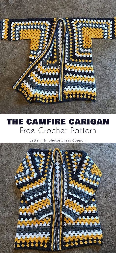 Campfire Sweater Pattern, Hexagonal Hooded Cardigan Crochet, Hex Crochet Cardigan, Crocheted Jacket Patterns Free, Hexagon Cardigan Crochet With Granny Squares, Crocheted Coats For Women, Free Pattern For Granny Square Cardigan, Crocheted Jackets For Women, Granny Square Crochet Coat Free Pattern