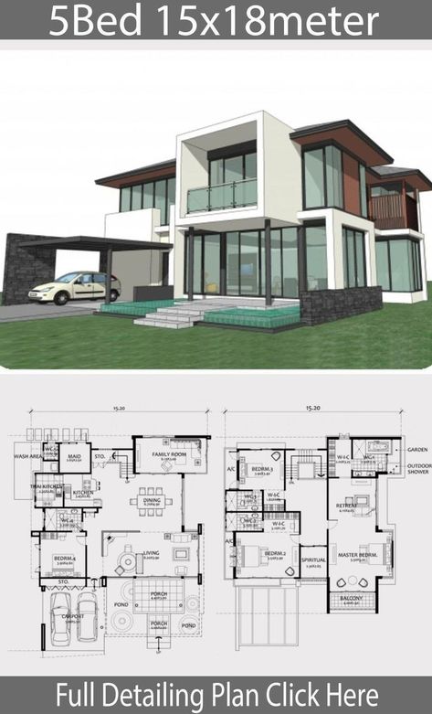 Housing Plans, Big Modern Houses, Pelan Rumah, Modern House Floor Plans, House Plans Mansion, Two Story House, Home Design Floor Plans, Sims House Plans, House Construction Plan