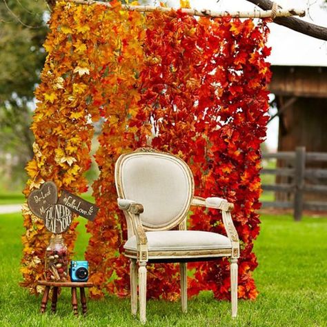 12 ways to add fall leaves to your party decor | A Joyful Riot Fall Backdrop Ideas, Fall Photo Background, Photo Background Ideas, Fall Photo Booth, Leaf Backdrop, Fall Harvest Party, Fall Backdrops, Fall Carnival, Fall Ball