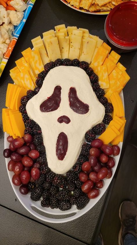 Blackberry Puree, Snack Platters, Halloween Charcuterie, Entertaining Menu, Fun Halloween Food, Snack Platter, Ghost Face, Charcuterie Boards, Menu Items