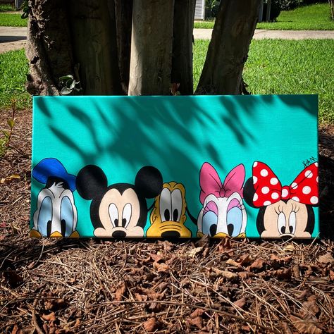 Disney Art Inspiration, Disney Cartoon Canvas Painting, Mickey Mouse Canvas Painting Diy, Diy Disney Canvas Art Ideas, Things To Paint On Canvas Disney, Cartoons On Canvas, How To Paint Mickey Mouse, Small Canvas Cartoon Paintings, Cartoon Drawing On Canvas