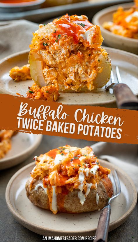 The top image shows a half of a twice baked potato on a speckled beige plate with a wood handled fork next to it. The bottom image shows a full buffalo chicken twice baked potato on another speckled beige plate with the same wooden handled fork next to it on a dark countertop. Overstuffed Twice Baked Potatoes, Buffalo Chicken Baked Potatoes, Twice Baked Buffalo Chicken Potato, Buffalo Baked Potato, Baked Potato Recipes Stuffed Healthy, Buffalo Chicken Twice Baked Potatoes, Meatball Stuffed Baked Potato, Backed Potatoe Recipes, Buffalo Chicken Stuffed Potatoes