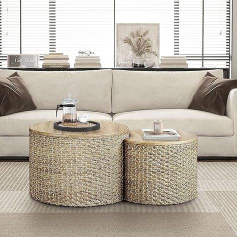 Patio Coffee Table Decor, Modern Rustic Coffee Table, Charleston Decor, Rustic Round Coffee Table, Neutral Apartment Decor, Woven Coffee Table, Coffee Table Rattan, Small Round Coffee Table, Bohemian Coffee Table