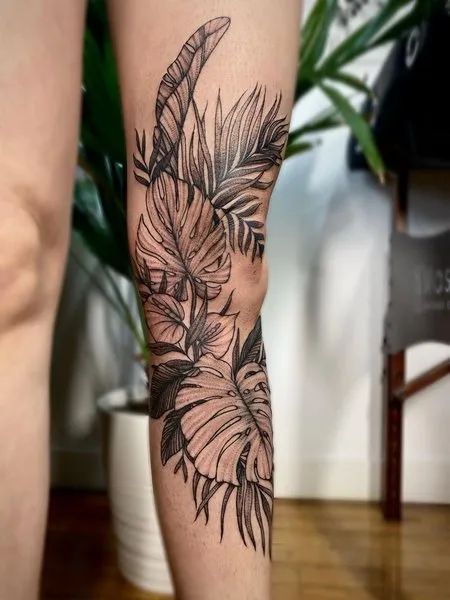 Tropical Plant Tattoo Tropical Plant Tattoo, Plant Tattoo Men, Plant Tattoo Ideas, Botanical Tattoo Sleeve, Tropical Flower Tattoos, Plant Tattoos, Jungle Tattoo, Tropical Tattoo, Muster Tattoos