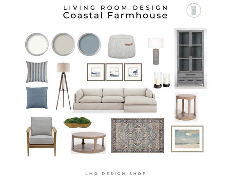 This room design is for a professionally designed, shoppable, living room mood board, Coastal Farmhouse style. Light, airy, and rustic - with accents of soft neutrals and blue, mixed with lots of wood tones. This mood board allows you to have a designer look without the designer price tag. Purchase as much or as little of the design selections as needed to complete your room design. Mood Board Coastal, Coastal Farmhouse Living Room, Living Room Mood Board, Farmhouse Living Room Design, Room Mood Board, Coffee Table With Chairs, Coastal Farmhouse Style, Design Mood Board, Thrown Chair