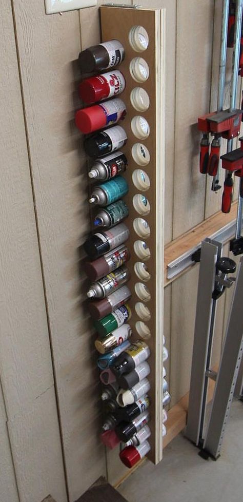 Shop Garage Organization Ideas, Garage Organization Ideas Storage Wall, Skil Saw Storage, Organize Nails And Screws Ideas, Paint Can Organization Garage, Organization Ideas For Tools, Scene Shop Organization, Diy Paint Can Storage, Spray Can Storage Ideas