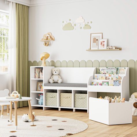 Midcentury Modern Toy Storage, West Elm Playroom, Toy Storage For Small Spaces Living Room, Corner Toy Storage Living Room, Gender Neutral Toy Room, Toy And Book Storage For Kids, Small Playroom Guest Room Combo, Nursery Stuffed Animal Display, Kid Toy Storage In Living Room