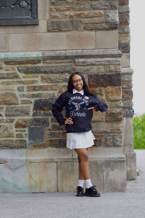 decision day 2023 | decision day | delaware state university | class of 2027 | decision day outfit inspo | white skirt outfit | pleaded skirt outfit | black loafers outfit University Of Delaware Graduation Party, Decision Day Outfit, University Of Delaware Graduation Cap, Game Day University Logo Sweatshirt, Purdue University Graduation Pictures, Class Of 2027, Delaware State University, Black Loafers Outfit, Decision Day