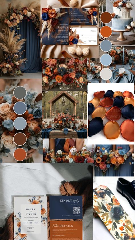 Wedding Wedding Color Schemes Rustic Country, Rustic Wedding Color Schemes Country Colour Palettes, Fall Wedding Navy And Orange, Wedding Party Fall Colors, Navy Blue Wedding Theme Color Schemes Colour Palettes, Burnt Orange And Blue Wedding Colors, Dark Blue Fall Wedding, Dark Blue And Burnt Orange Wedding, Burnt Orange Wedding Color Palette