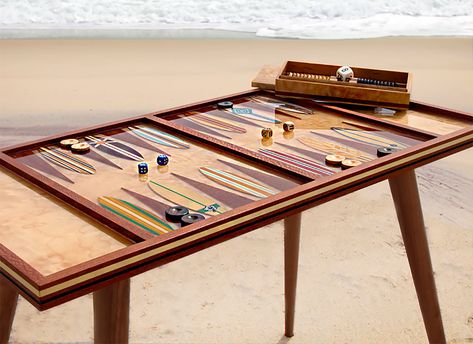 Custom Backgammon Tables — Studio Jean-Michel Backgammon Backgammon Table, Backgammon Board, Furniture Design Chair, Backgammon Set, Surfboard Design, Woodworking Designs, Custom Table, Table Games, Beach Sand