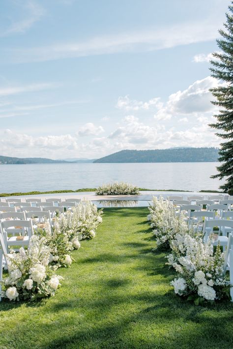 Sophisticated Idaho Lake Wedding with Chinese Traditions | Rocky Mountain Bride The Falls At Blue Ridge Wedding, Lake Wedding Alter Ideas, Wedding On The Water Ideas, Waterfront Ceremony Decor, Lakeside Wedding Flowers, Backyard Lake Wedding Ceremony, Lake View Wedding Ceremony, Cliffside Wedding Ceremony, Outdoor Wedding By Water