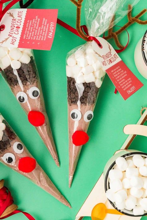 Hot Coco Reindeer Bags, Reindeer Cocoa Cones, Hot Chocolate Reindeer Bags, Diy Reindeer Hot Chocolate Cones, Rudolph Hot Chocolate Cones, Hot Chocolate Baggies, Raindeer Hot Chocolate, Hot Chocolate Gifts For Kids, Diy Hot Chocolate Gifts