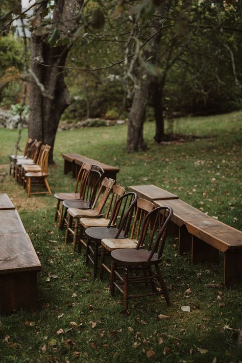 Farm Wedding Seating, Wood Bench Wedding, Outdoor Cottage Wedding, Outside Wedding Ceremony Arch, Tiny Outdoor Wedding, Mismatched Dining Chairs Wedding, Wedding In A Pasture, Intimate Farm Wedding, September Farm Wedding