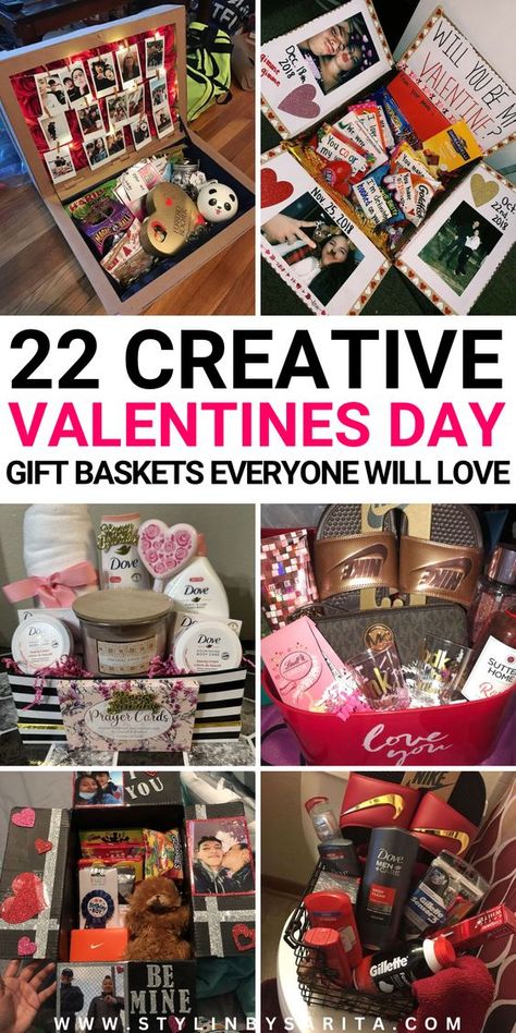 Looking for creative and thoughtful Valentines gift baskets? Here are 22 of the cutest Valentines Day gift basket ideas everyone will love! Men Valentine's Gift Baskets Ideas, Valentine’s Day Gift Basket Ideas For Him, Diy Valentine Gift Baskets Ideas, Valentines Basket For Wife, Valentine’s Gift Basket Ideas, Man Valentines Day Gift, Gift Basket Ideas For Girlfriend Valentines Day, Valentine Gifts For Couples, Valentines Day Gift Basket For Her