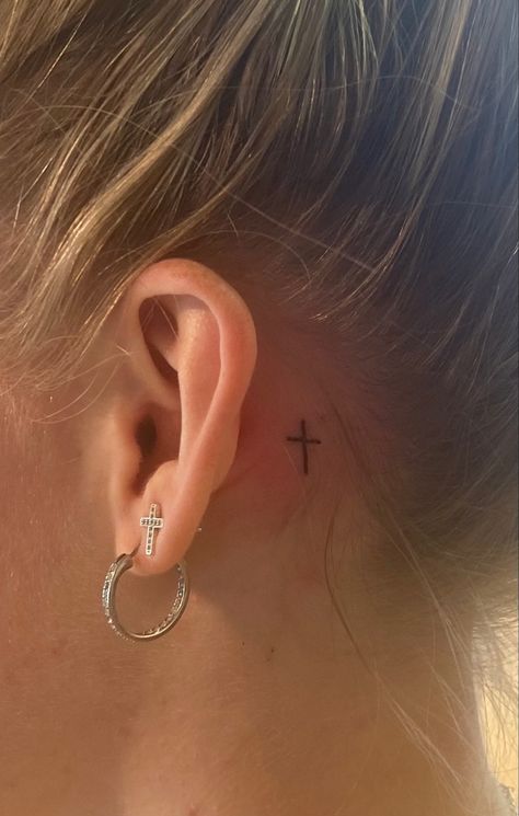 Small Cross Tattoo, Behind Ear Tattoos, Basic Tattoos, Hidden Tattoos, Cross Tattoos For Women, Small Pretty Tattoos, Petite Tattoos, Cute Tattoos For Women, Classy Tattoos