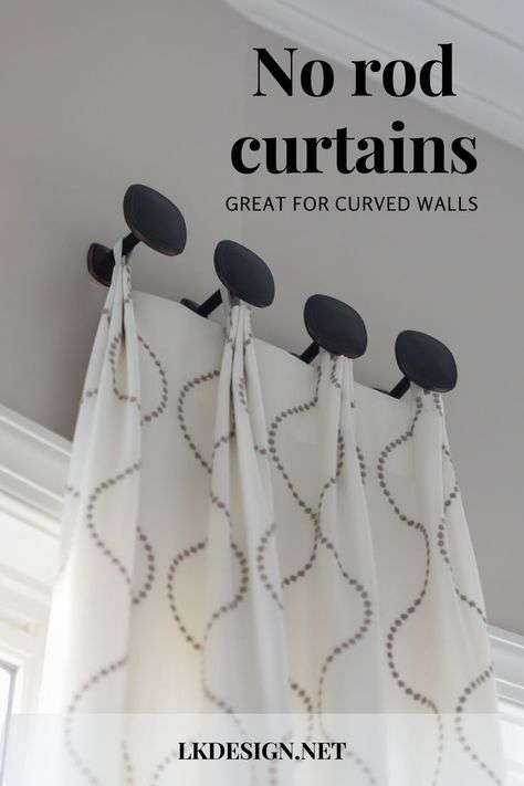 white patterned curtain black medallions no rod grey walls Two Small Curtain Rods One Window, Small Curtain Rods Ideas, Curtain For Bay Window In Bedroom, Three Bay Window Curtain Ideas, Curtain Ideas For 4 Windows In A Row, Drapes On Bay Window, Modern Window Curtains Living Room, Kitchen Curtains Bay Window, Farmhouse Family Room Curtains