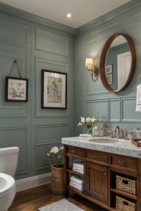 bathroom paint colors, bathroom wall paint, bathroom interior design, bathroom decor ideas Hall Bathroom Color Ideas, Teal Bathroom Walls, Bathroom Color Schemes Blue, Paint For Bathroom Walls, Sherwin Williams Bathroom Colors, Bathroom Colors For 2024, Bathroom Color Schemes Gray, Blue And Green Bathroom, Blue Bathroom Paint