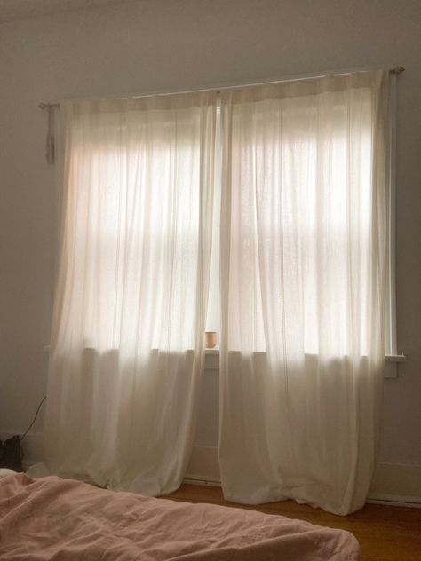 Curtains Bedroom Beige, Soft Interior Aesthetic, Soft Curtains Bedroom, White Curtains Living Room Aesthetic, Natural Light Aesthetic Room, Curtain Inspo For Bedroom, Room With Curtains Aesthetic, Light Through Curtains Aesthetic, Sheer White Curtains Bedroom Aesthetic