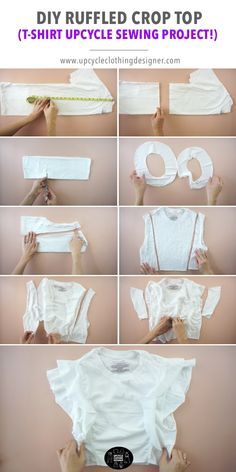 T Shirt Upcycle, Diy Ruffle, Ruffled Crop Top, Shirt Sewing, Diy Clothes Refashion, Upcycle Clothes Diy, Upcycle Shirt, Upcycle Sewing, Sew Ins