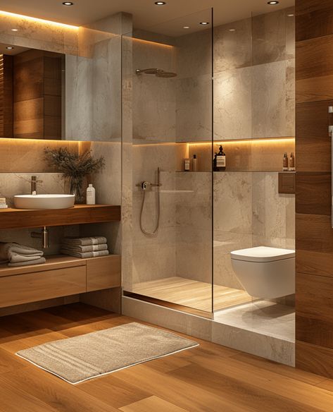 Dark Wood Modern Bathroom, German Bathroom Design, Modern Elegant Bathroom Ideas, Modern Spa Like Master Bath, Scandinavian Modern Bathroom, Shower And Toilet Side By Side, Minimalistic Houses Interior, Bathroom Designs 2024, Luxury Bathroom Design Ideas