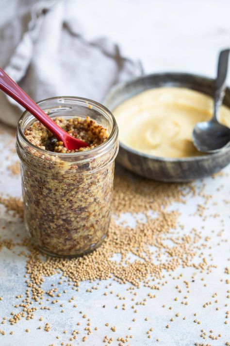 Homemade yellow mustard and whole grain mustard. Hot Pepper Mustard Recipe, Pepper Mustard Recipe, Make Mustard, Mustard Recipes, Slow Cooker Baked Beans, Whole Grain Mustard, Homemade Mustard, Chili Pepper Recipes, Pepper Sauce Recipe