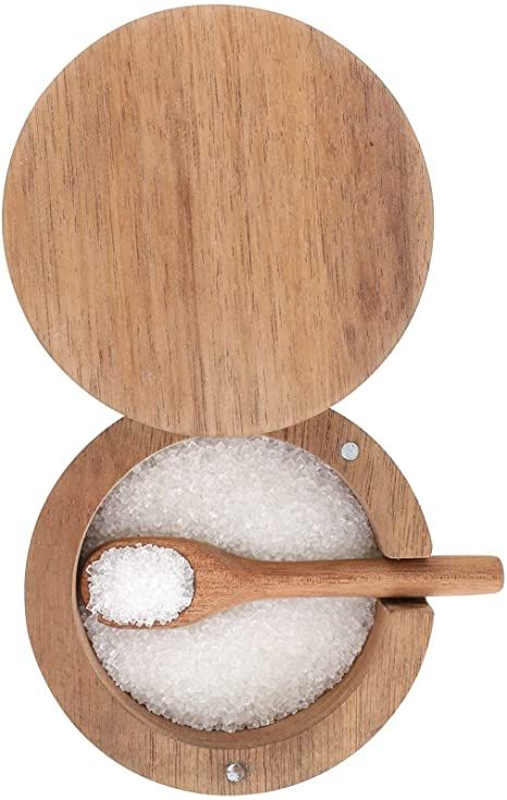 Amazon.com | DGYLL Acacia Wood Salt Container with spoon Salt cellar Salt keeper Spice storage box Condiment pot Sugar bowl with spoon and swiveling lid Size: 3.5DIA x 2.5H inch (1pc no pattern /w spoon): Condiment Pots Wooden Salt Cellar, Wood Salt Cellar, Salt Container, Cold Coffee Recipes, Salt Spoon, Wood Pots, Salt Box, Spice Storage, Spice Box