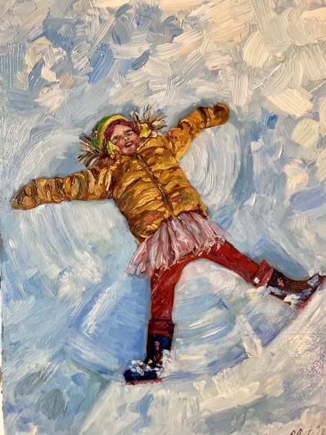 Snow Angel Painting, Snow Angel Drawing, Art About Nostalgia, Snow Painting Ideas, Childhood Nostalgia Art, Art About Childhood, Christmas Oil Paintings, Childhood Painting, Ap Art Portfolio