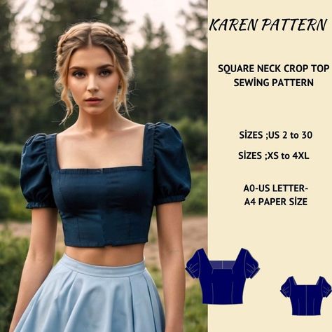 Squara Neck Crop Top Sewing Pattern, Short Sleeve Cottagecore Crop Top,Fitted Crop Top Pattern, Crop Blouse Top,Coquette XS-4XL Patterns For Blouses For Women, Womens Crop Top Sewing Pattern, Crop Shirt Pattern Sewing, Pattern Clothes Women, Beginner Sewing Top Patterns, Cute Top Sewing Patterns Free, Free Womens Top Sewing Pattern, Shirt Sewing Ideas, Free Crop Top Sewing Pattern