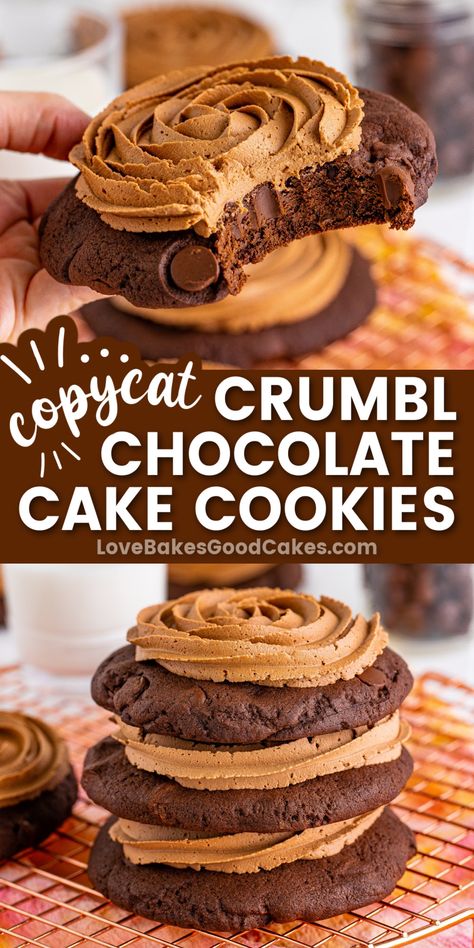 Crumbl Chocolate Cake Cookies pin collage Chocolate Cake Crumbl Cookie, Crumbl Chocolate Cake Cookie Copycat, Gourmet Drop Cookie Recipes, Crumbl Chocolate Cake Cookie, Cake Crumb Cookies, Crumble Cookie Copycat Recipe Chocolate, Crumbl Chocolate Cookie, Chocolate Baking Recipes, Copycat Cookies