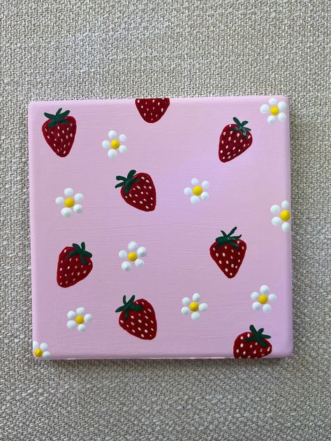 Hand Painted Strawberry Coaster - Etsy Cute Square Painting Ideas, Coaster Designs Painted, Easy Painting Patterns, Easy Little Painting Ideas, Easy Painting Ideas On Small Canvas, 4×4 Canvas Painting, Strawberry Painting Ideas, Cute Strawberry Painting, Strawberry Painting Aesthetic