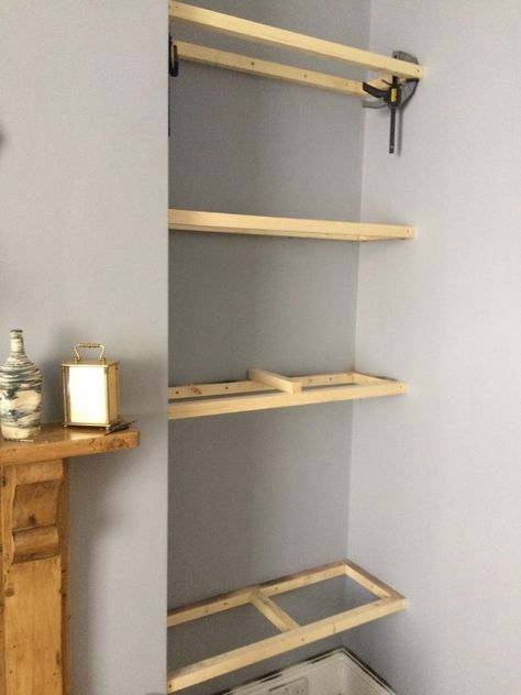 Alcove Shelves Diy, Shelves Alcove, Alcove Bookshelves, Alcove Desk, Alcove Ideas Living Room, Floating Shelving, Alcove Shelves, Alcove Storage, Alcove Cupboards