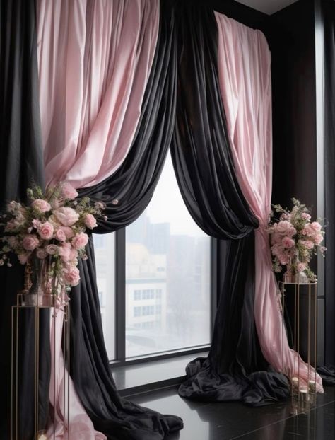 Pink And Black Masquerade Party, Pink Black And White Decorations, Pink Black And Gold Quince, Black And Pink Boho Wedding, Black And Pink Event Decor, Black Ivory And Rose Gold Wedding, Black Pink Party Theme, Blush Pink And Black Wedding Cake, Pink Blush Wedding Theme