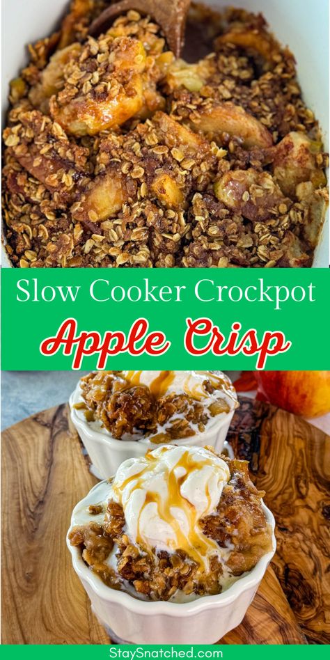 Enjoy the ultimate fall dessert with this slow cooker Crockpot apple crisp! This classic dish is topped with creamy vanilla ice cream and drizzled with rich caramel sauce making it the best easy-to-make treat for any occasion. Let your slow cooker do the work while you savor the warm, comforting flavors of cinnamon-spiced apples and a buttery, crumbly topping. Apple Cinnamon Crockpot Dessert, Apple Recipes Crockpot Simple, Crockpot Spiced Apples, Apple Crisp Recipe Slow Cooker, Crock Pot Apple Dessert Recipes, Apple Pie In Crockpot, Carmel Apple Crockpot Recipes, Crockpot Apple Crisp Easy Crock Pot, Easy Crockpot Apple Crisp