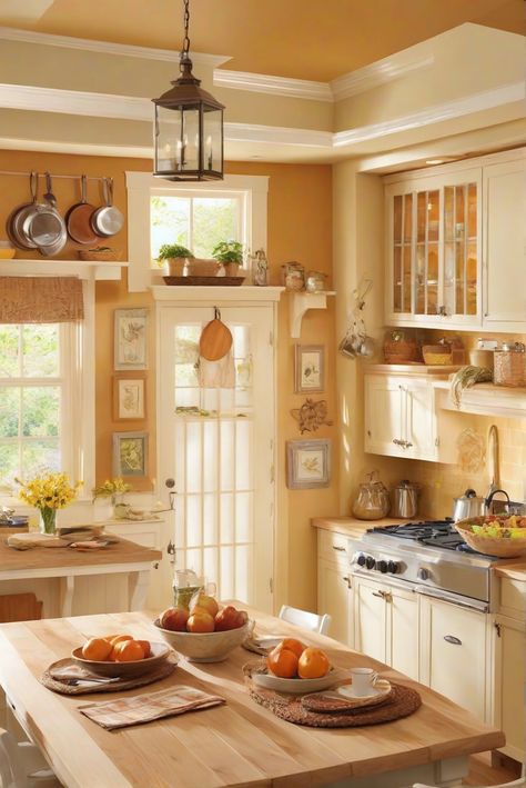 Learn how to create a cozy kitchen vibe by incorporating warm paint colors into your daily interior design routine. Explore for a fresh perspective on creating a welcoming atmosphere. #Ad #homedecor #homedesign #kitchen #Painthome interiorarchitecture best Wall Colors for kitchen Colors Bright Room Colors best colors combinations 2024 Home Remodeling Modern Paint Colors Cozy Yellow Kitchen, Light Paint Colors For Kitchen, Cozy Wall Paint Colors, Warm Up White Kitchen, Yellow Wall Kitchen, Warm Color Kitchen, Kitchen Wall Colors With Cream Cabinets, Yellow Walls Kitchen, Warm Kitchen Colors For Walls