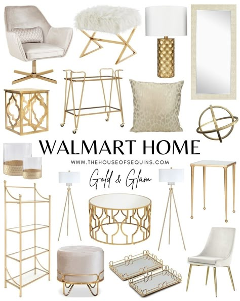 Home Decor With Gold Accents, Gold And Silver Accents Bedroom, White Living Room With Gold Accents, Brown Gold And White Living Room Decor, Neutral And Gold Apartment, White Gold Decor Living Room, Gold White Room Aesthetic, Champagne And White Bedroom, Living Room With Gold Decor