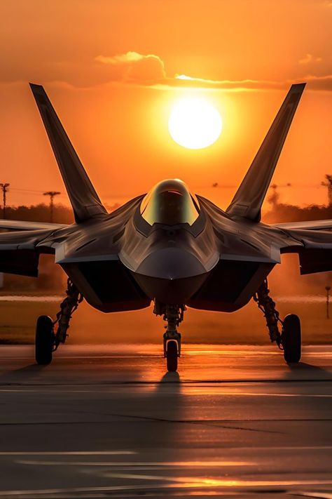 F-22 at Sunset. Air Force Wallpaper, Fighter Planes Art, Air Force Fighter Jets, Jet Fighter Pilot, Aircraft Images, F 22 Raptor, Stealth Aircraft, Pilots Aviation, Aviation World