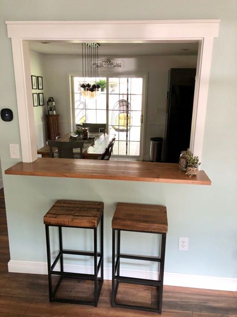 Breakfast Bar Hole In Wall, Kitchen Open To Living Room Half Walls, Breakfast Bar Kitchen Pass Through, Small Kitchen Island Attached To Wall, Breakfast Bar Pass Through, Bar Pass Through, Half Wall Bar Ideas, Pass Through Window Kitchen To Dining Room, Half Wall Countertop Bar