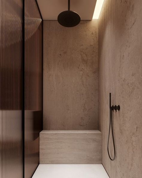 LEQB Architects* on Instagram: "Consistency is essential in our designs. We incorporated sleek dark glass in this shower area, mirroring the aesthetic of the QB/0256 bedroom, to create a harmonious flow throughout the space. Adorned with stunning travertine walls, the shower becomes a place of timeless beauty and refined luxury. Ready to transform your space? DM us today! Project: QB/0256 Room: Shower in master bathroom. Area: 12 sq.m. #leqb #leqbinteriors #qb0256" Travertine And Black Bathroom, Travertine Bedroom Wall, Leqb Architects, Glass Shower Walls, Corner Townhouse, Bathroom Travertine, Travertine Tile Bathroom, Steel Shower Door, Travertine Shower