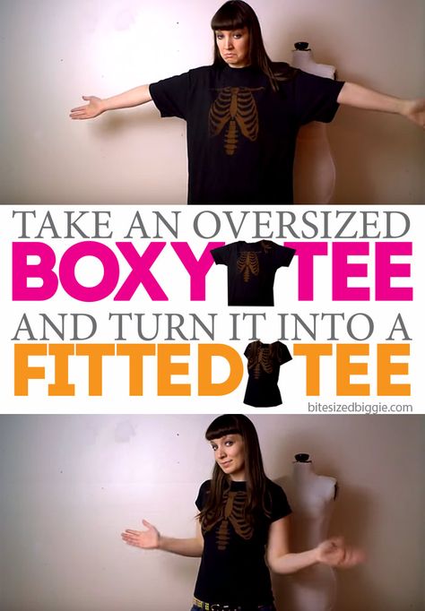 How to Remake a Boxy T-Shirt into a Fitted Tee: T-shirt Refashion Thick T Shirt, How To Take In Sleeves, How To Style Over Sized T Shirt, How To Tailor A Tshirt, How To Make A Tee Shirt Cute, Diy Tshirt Upcycling, How To Size Down A Shirt, How To Make An Oversized Shirt Fit Ideas, How To Make A Big Shirt Smaller