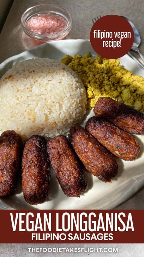 Vegan Filipino Recipes, Filipino Sausage, Savory Vegan Breakfast, Tofu And Mushrooms, Food In The Philippines, Longsilog, Vegan Asian Recipes, Garlic Fried Rice, Tempeh Recipes