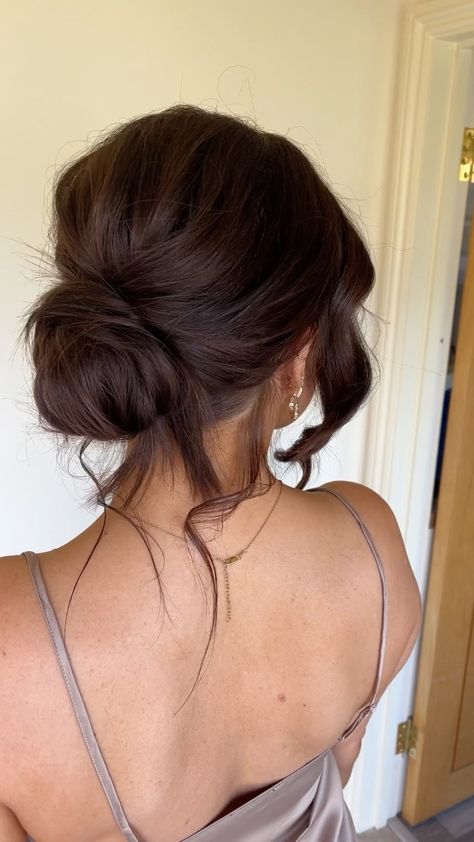 Low Bun Hairstyles For Bridesmaids, Bun Updo Prom, Formal Bun Hairstyles Low, Messy Bun Bridesmaid Hair, Fancy Bun Updo, Lose Hair Updos, Prom Hair Updo Bun, Low Bun Brunette, Effortless Cool Style