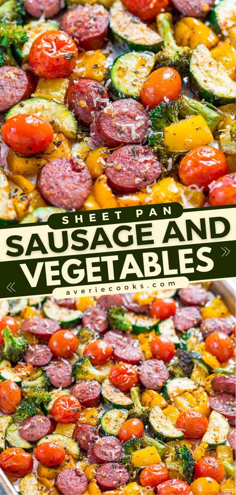 Easy Sheet Pan Sausage and Veggies - Averie Cooks Sheet Pan Sausage And Veggies, Pan Sausage And Veggies, Sausage And Vegetables, Sheet Pan Sausage, Sausage And Veggies, Sausage Dinner, Easy Sheet Pan Dinners, Sheet Pan Dinners Recipes, Baked Veggies