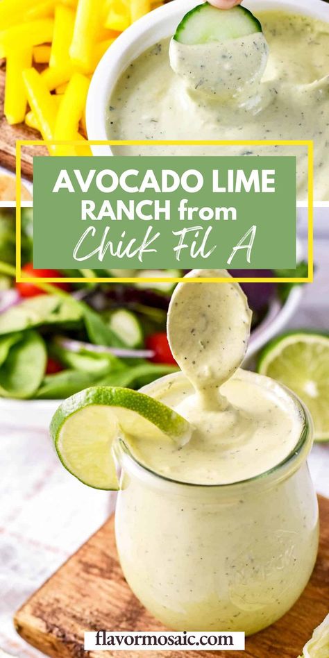 You're going to love this copycat Avocado Lime Ranch from Chick Fil A! This Chick Fil A copycat recipe tastes just like the original. This easy homemade salad dressing makes the perfect veggie dip, chip dip, or salad dressing! This tangy dressing can be used for almost anything. Click through to the blog for all the details! Spicy Avocado Ranch Dressing, Avacodo Ranch Recipes, Guacamole Dressing Recipe, Chic Fil A Avocado Lime Ranch Dressing, Easy Taco Salad Dressing, Avocado Lime Ranch Dressing Chick Fil A, Chick Fil A Avocado Lime Ranch Dressing, Avocado Ranch Dipping Sauce, Chick Fil A Avacodo Lime Ranch Dressing